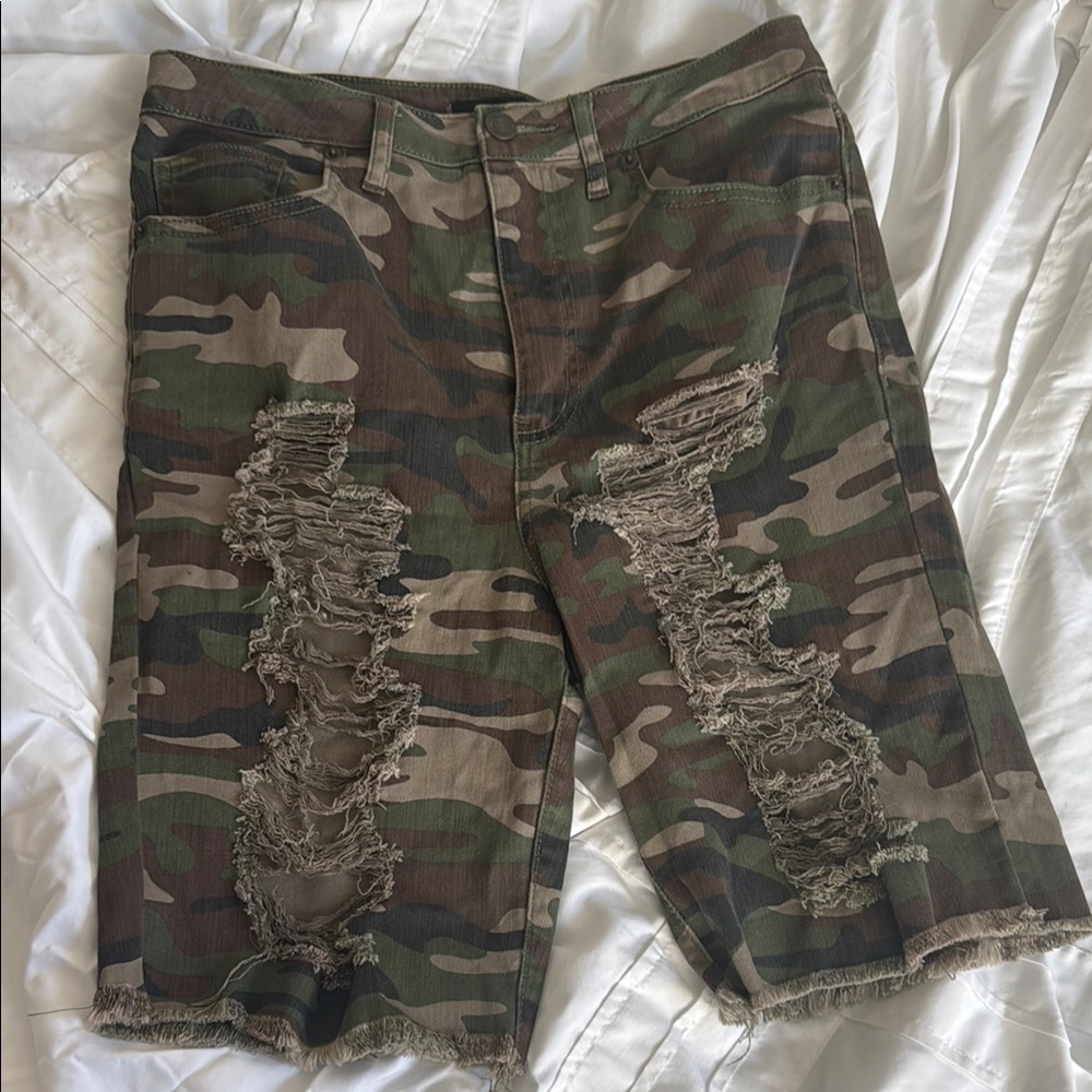 Camouflage Distressed Jean Biker Shorts